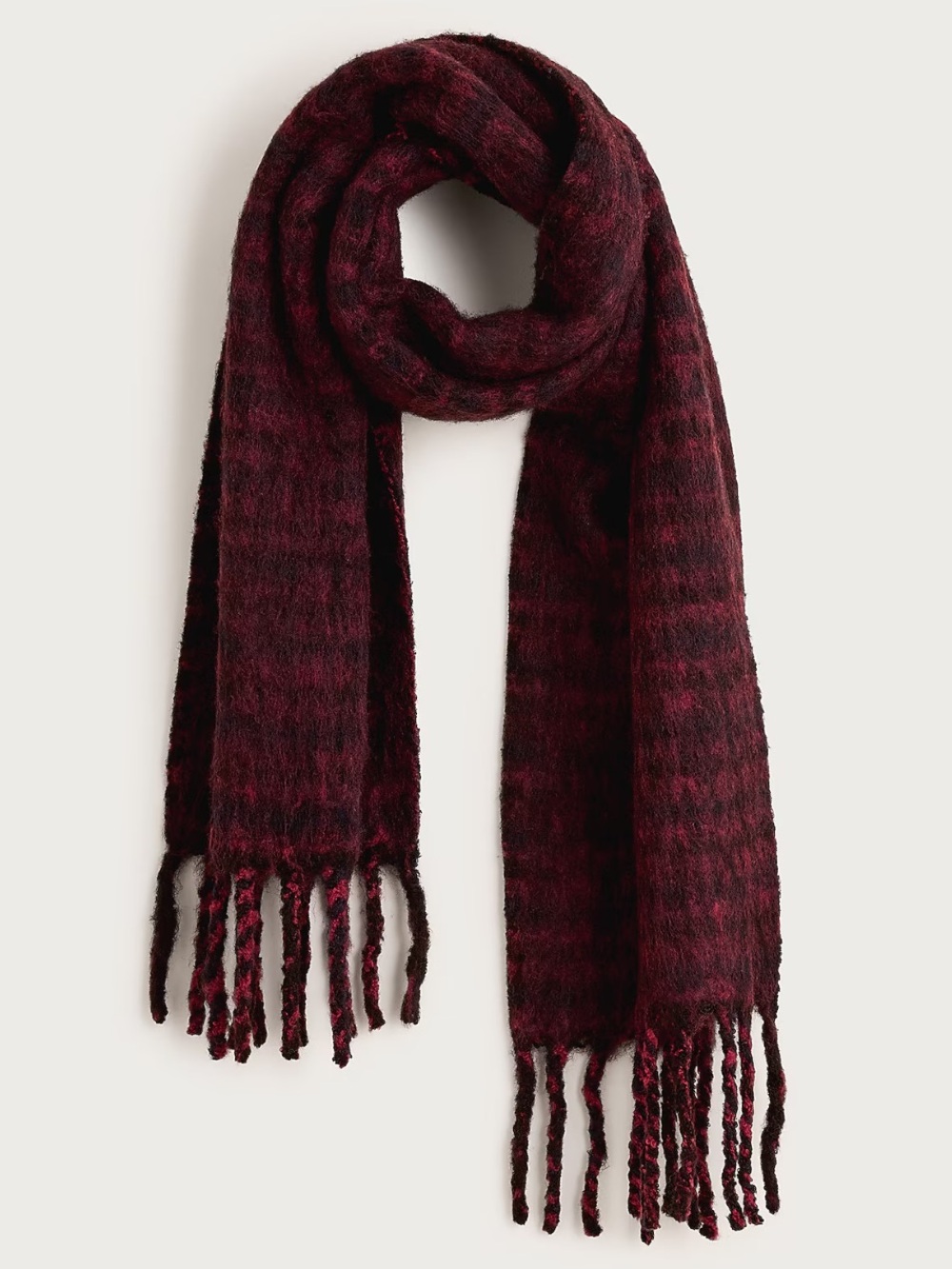 J. Crew Burgundy and Black Brushed Woven Plaid Fringe Scarf NWT